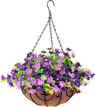 Inqcmy Artificial Hanging Flowers In Basket For Patio Lawn Garden, Purple - £31.63 GBP