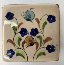 Trinket Box Tonala Pottery Butterflies And Blue Flower Motif Signed CAT Mexico - £9.34 GBP
