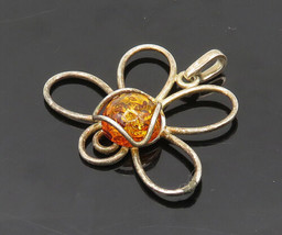 925 Sterling Silver - Vintage Cabochon Cut Amber Butterfly Pendant - PT15648 - £26.76 GBP