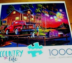 Jigsaw Puzzle 1000 Pcs Lakeside Log Cabin Kids And Dog Dock Fireworks Complete - £11.03 GBP