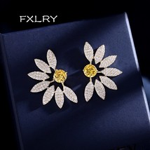 FXLRY Elegant Cubic Zirconia Yellow and Green Flower Stud Earring For Women Wedd - £17.69 GBP