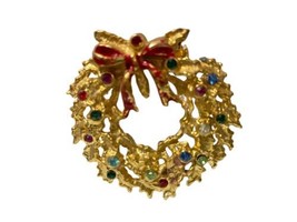 Brooch Christmas Wreath Pin Multi-Colored Stones Gold with Red Bow Vintage - £9.72 GBP