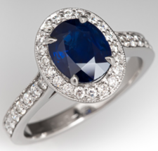Art Deco Oval Blue Sapphire Simulated Diamond Sterling Silver Vintage Ring Women - £65.16 GBP