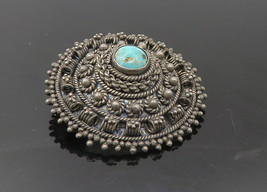 ISRAEL 925 Silver - Vintage Turquoise Dark Tone Floral Dome Brooch Pin - BP3850 - £49.94 GBP