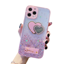 Anymob iPhone Case Pink Love Heart Mirror Sequins Glitter Soft Silicone Cover - £23.10 GBP
