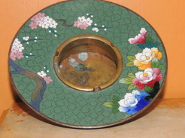 Vintage Cloisonne 6&quot; Ashtray Teal White Black Cherry Blossom brass Antique - £20.17 GBP