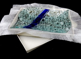 Murano Art Deco Glass Dish, Silver & Blue Rectangle Pebble Tray, Gift Box, #8558 - $7.79