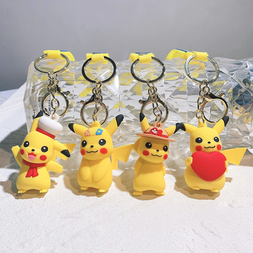 Anime Pokemon Keychain Funny Pikachu Figure Toys Model Silicone Pendant Keyring - £11.73 GBP+
