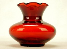 Ruby Red Glass 3&quot; Bud Vase, Bulge Body, Ruffled Rim, Vintage Anchor Hocking - $14.65