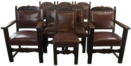 Dining Chairs Thrones Renaissance French 1930 Set 8 Brown Upholstery Oak Wood - £3,074.23 GBP