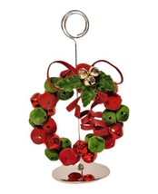 Flocked Red Green Jingle Bell Wreath 5” T Photo Place Card Holder Christ... - $7.99
