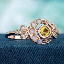 Natural Citrine Opal Diamond Vintage Style Moon Ring in Solid 9K Rose Gold - £671.56 GBP