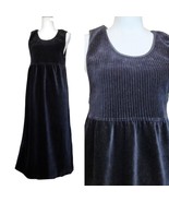 Black Velour Ribbed Babydoll Midi Dress VTG 90s Sleeveless Layering Smal... - $48.24