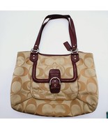 Coach Tan Canvas Signature Logo Large Shoulder Bag With Plum Leather Acc... - $39.99