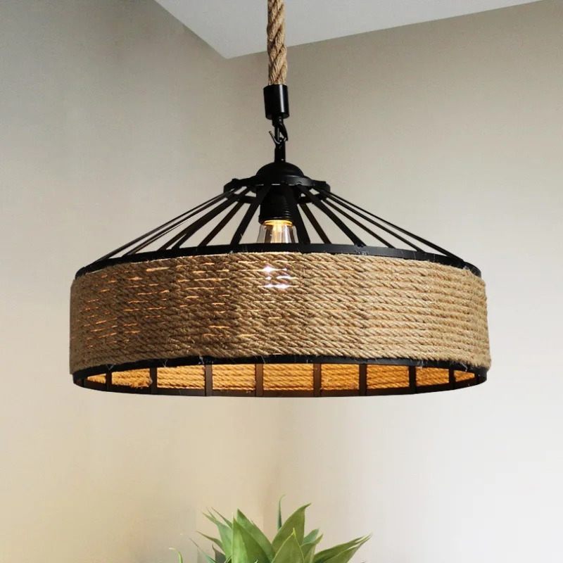 Vintage Hemp Rope Iron Cage Chandelier, Retro Ceiling Light with Cage Sh... - $39.72+