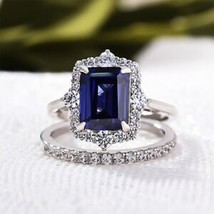 Halo Emerald Cut Lab Created Blue Sapphire White Gold Plated Wedding Ring Sets - £136.65 GBP