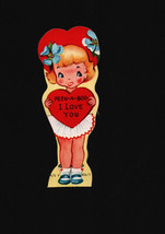 Vintage Valentines Day Card Girl Holding Heart Peek-A-Boo - $6.60