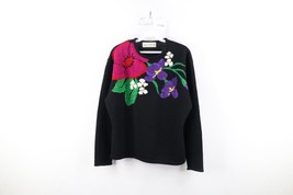 Vintage 90s Country Primitive Womens Large Wool Blend Knit Flower Sweater Black - £48.19 GBP