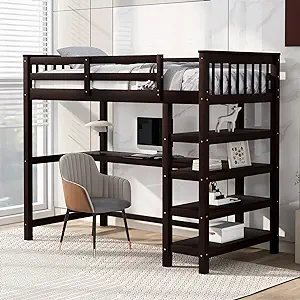 Twin Size Loft Bed With One Desk &amp; Four Shelves,Rubber Wooden Bedframe W... - $778.99