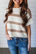 Khaki Stripe Dropped Short Sleeve Lightweight Knitted Top - £16.56 GBP