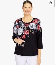 Alfred Dunner Womens Black Floral 3/4Sleeve Pull Over Blouse Rhinestone M NWT - £16.53 GBP