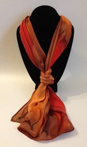 Hand Painted Silk Scarf Crimson Apricot Orange Wicker Brown Oblong Head ... - $56.00