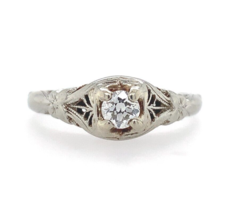 Art Deco Filigree 18k White Gold .16ct Genuine Natural Diamond Ring (#J6018) - £505.60 GBP
