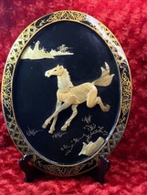 Vintage Black Lacquer Framed Oriental Mother Of Pearl Horse Picture With Stand - £74.62 GBP