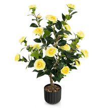 38 Inch Artificial Camellia Tree Faux Flower Plant in Cement Pot-Yellow - Color - £90.43 GBP