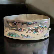 Vintage Mexico 925 Sterling Silver Abalone Inlay Hinged Bracelet 7&quot; - $83.22