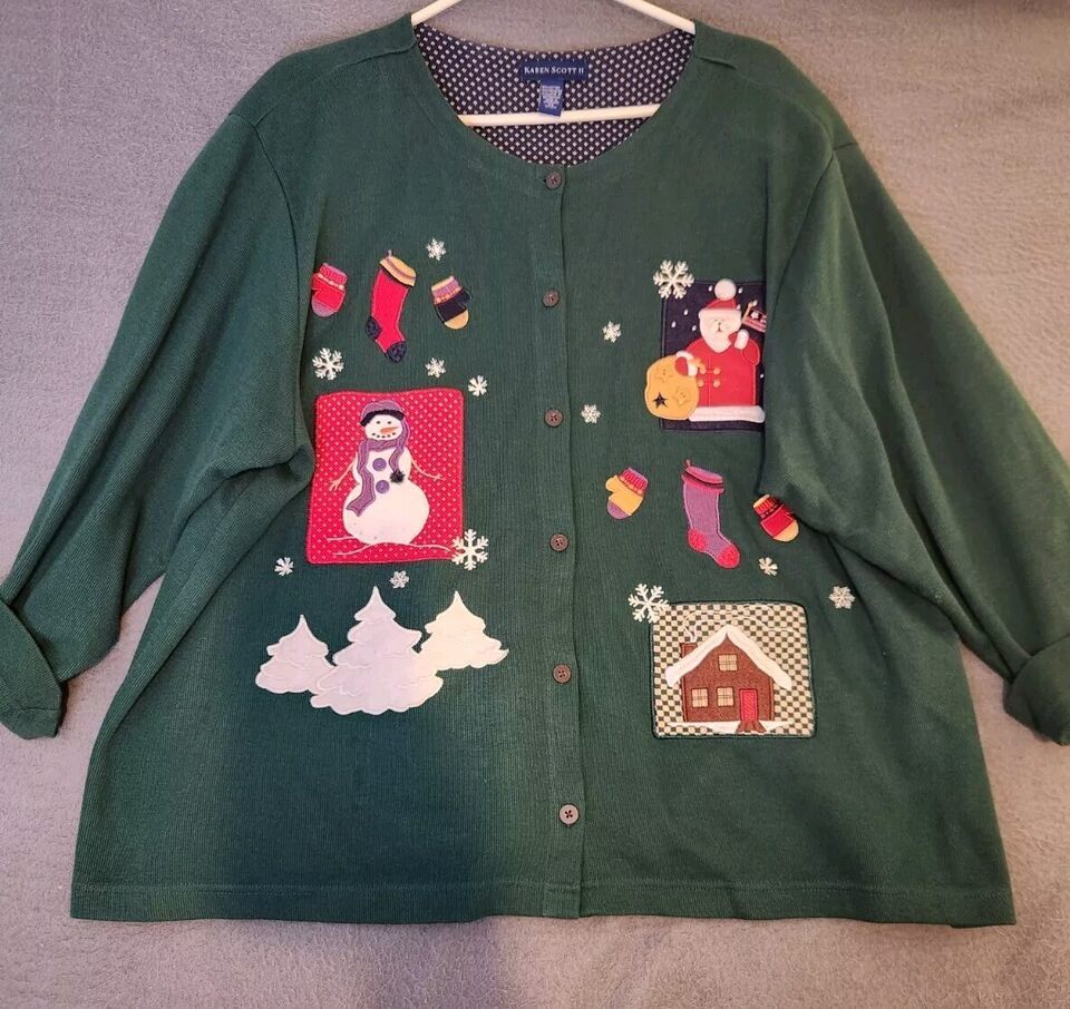 Karen Scott Button Up Christmas Womens Top Shirt Size 3X Santa Snowman C... - $16.78