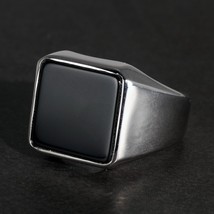 5 sterling silver square plain ring for men with natural black agate simple rustic flat thumb200
