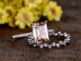 1Ct Emerald Cut Peach Morganite Art Deco Engagement Ring Set 14K White Gold Over - £66.93 GBP