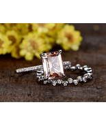 1Ct Emerald Cut Peach Morganite Art Deco Engagement Ring Set 14K White G... - $114.88 CAD