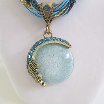 Crackle Glass And Rhinestone Necklace Beaded Braided Cord Blue Gold Colors - £22.11 GBP