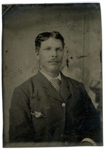 CIRCA 1860&#39;S 1/6 Plate Hand Tinted TINTYPE Handsome Man Mustache in Suit &amp; Tie - £14.57 GBP