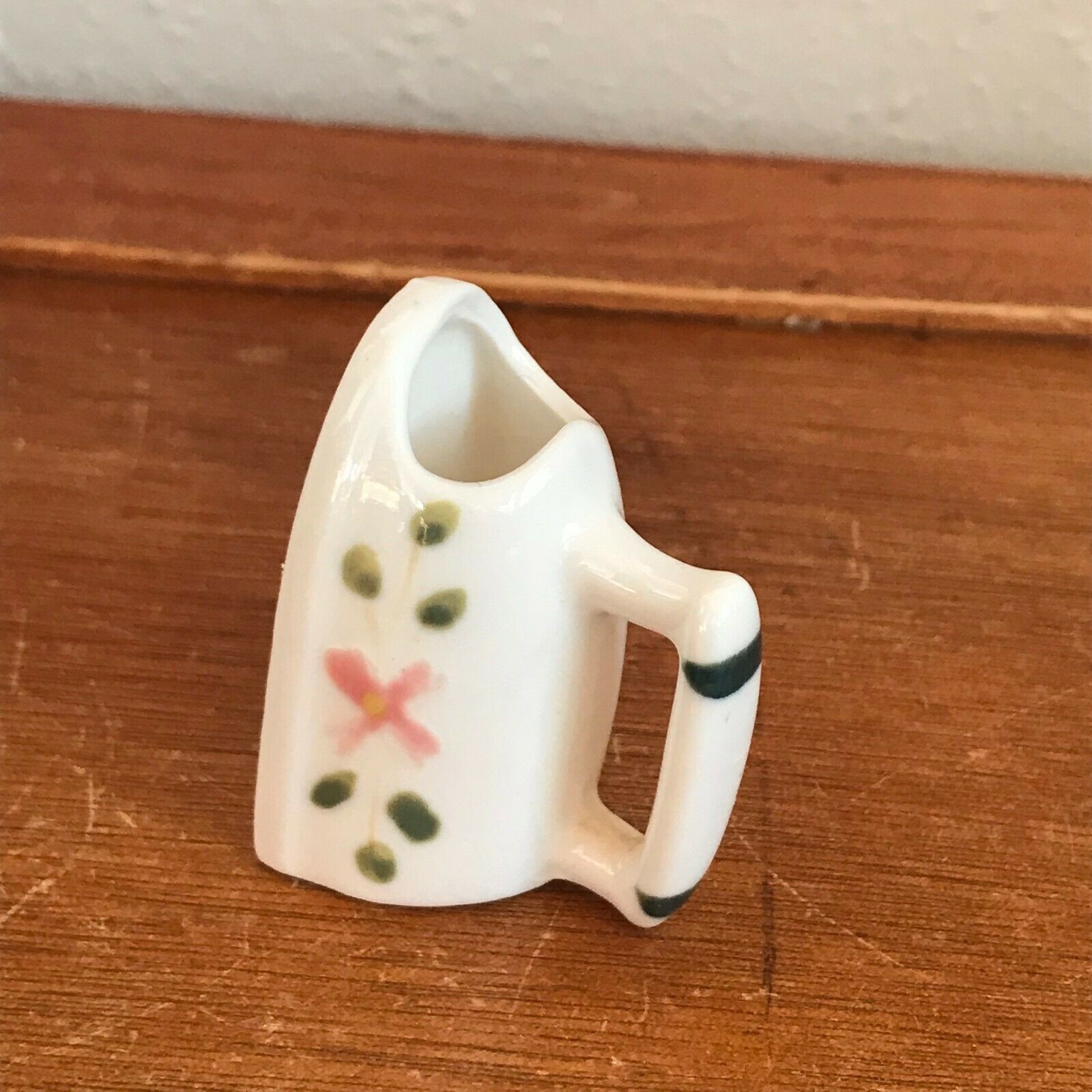 Vintage Made in Japan Small Bone Chine Iron Shaped Toothpick Holder w Pink Flowe - $11.29