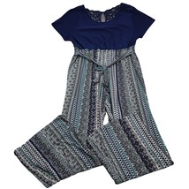 Just Be Jumpsuit Womens 1X Blue Short Sleeve Scoop Neck Tie Batik Stretch - $29.68