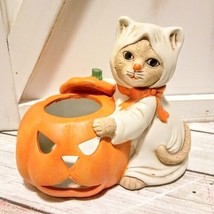 VTG Ceramic Jack-O- Lantern &amp; Cat in Ghost Sheet Votive Candle Holder Ha... - $11.57