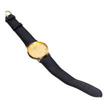 Geneve Classic Gold Face Watch with Rhinestones &amp; Black Leather Band Vin... - £14.21 GBP