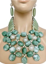 Heavy Layered Chunky Mint Green Faux Pearl Statement Bib Necklace Earrings Set - $84.55