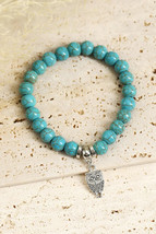 Turquoise Beaded Stretch Bracelet with Silver Owl Charm Attract Good Fortune - £7.92 GBP