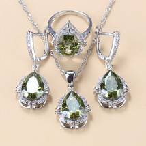 925 Mark New Fashion Water Drop Jewelry Sets Women Accessories Olive Green Stone - £27.01 GBP