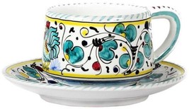 Coffee Cup and Saucer Deruta Majolica Orvieto Rooster Green Ceramic Dishwasher - £109.94 GBP