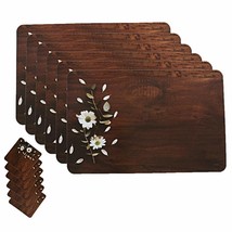 Handmade Wood Design Floral PVC Dining Table Placemat with Tea Coasters Set Of 6 - £19.52 GBP