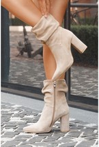Suede Fold Mid Calf Boots Women Autumn Winter Fashion Block High Heels Pointed T - £62.02 GBP