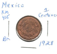 Mexico 1 Centavo, 1928, Bronze, KM 415 - $4.00