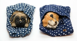 Pair Of Sleeping Puppy Figurine Composite Material Long Ears Dog In Blanket - $10.86
