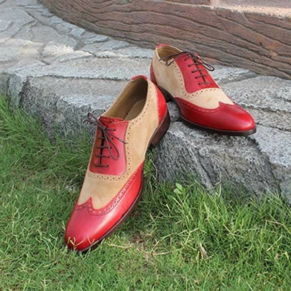 Men Oxford Two Tone Red Wing Tip Beige Suede Real Leather Lace Up Shoes US 7-16