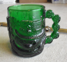 Vintage Green Glass Coffee Mug Embossed Frosty the Snowman Head 3 7/8&quot; Tall - £15.27 GBP